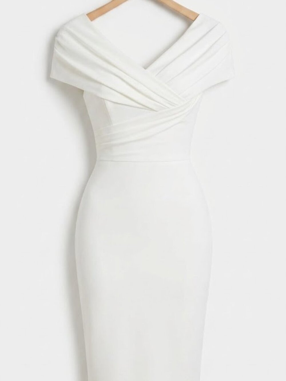 MOOYIUS White Off The Shoulder Pleated Cross Front Bodycon Midi Dress Size M NWT